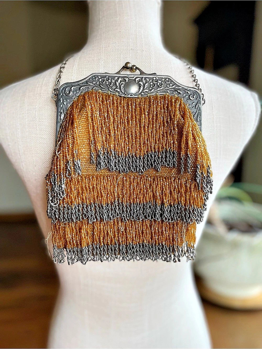 Vintage Beaded Fringe Mini Bag in Brown & Gray